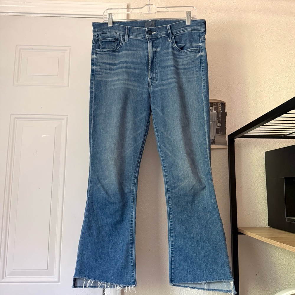 MOTHER blue insider crop step fray boot cut cropped raw fray hem jeans